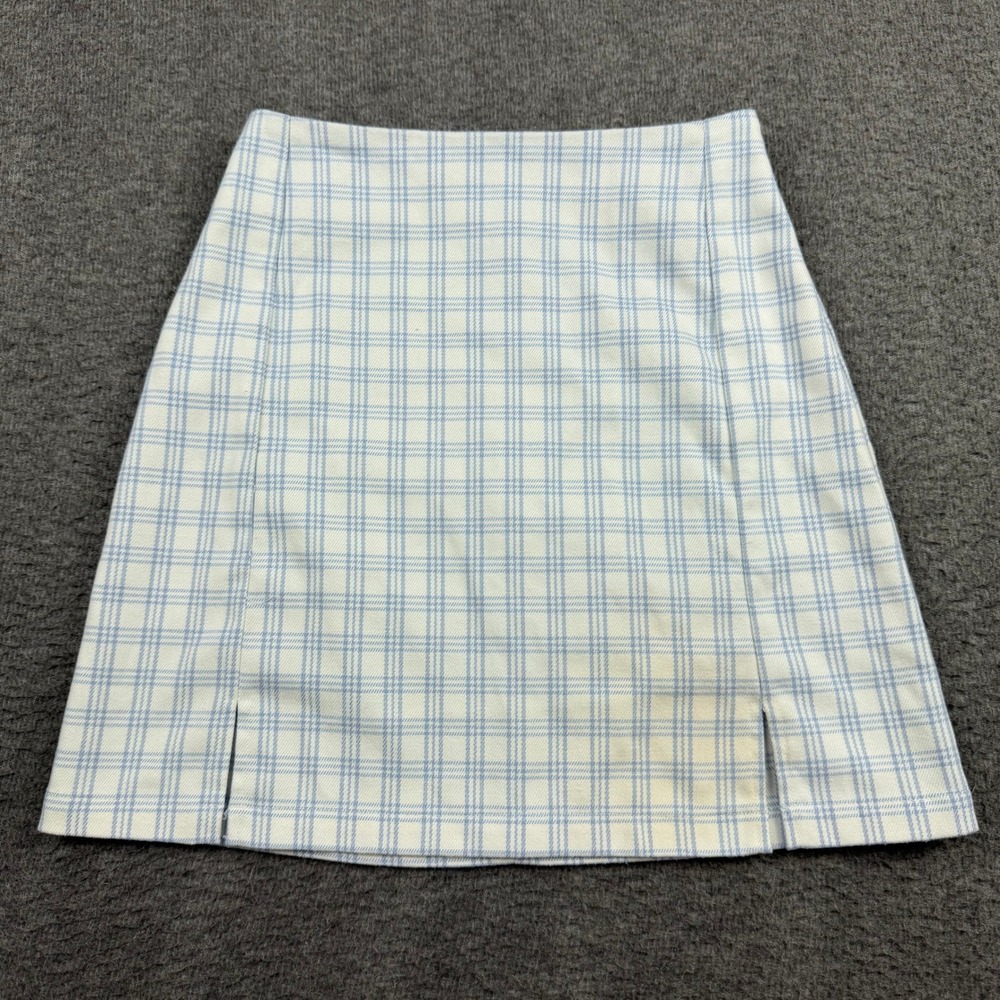 Brandy Melville‎ Plaid Mini XS Skirt Blue White Checkered Front Slit Cara Skirt